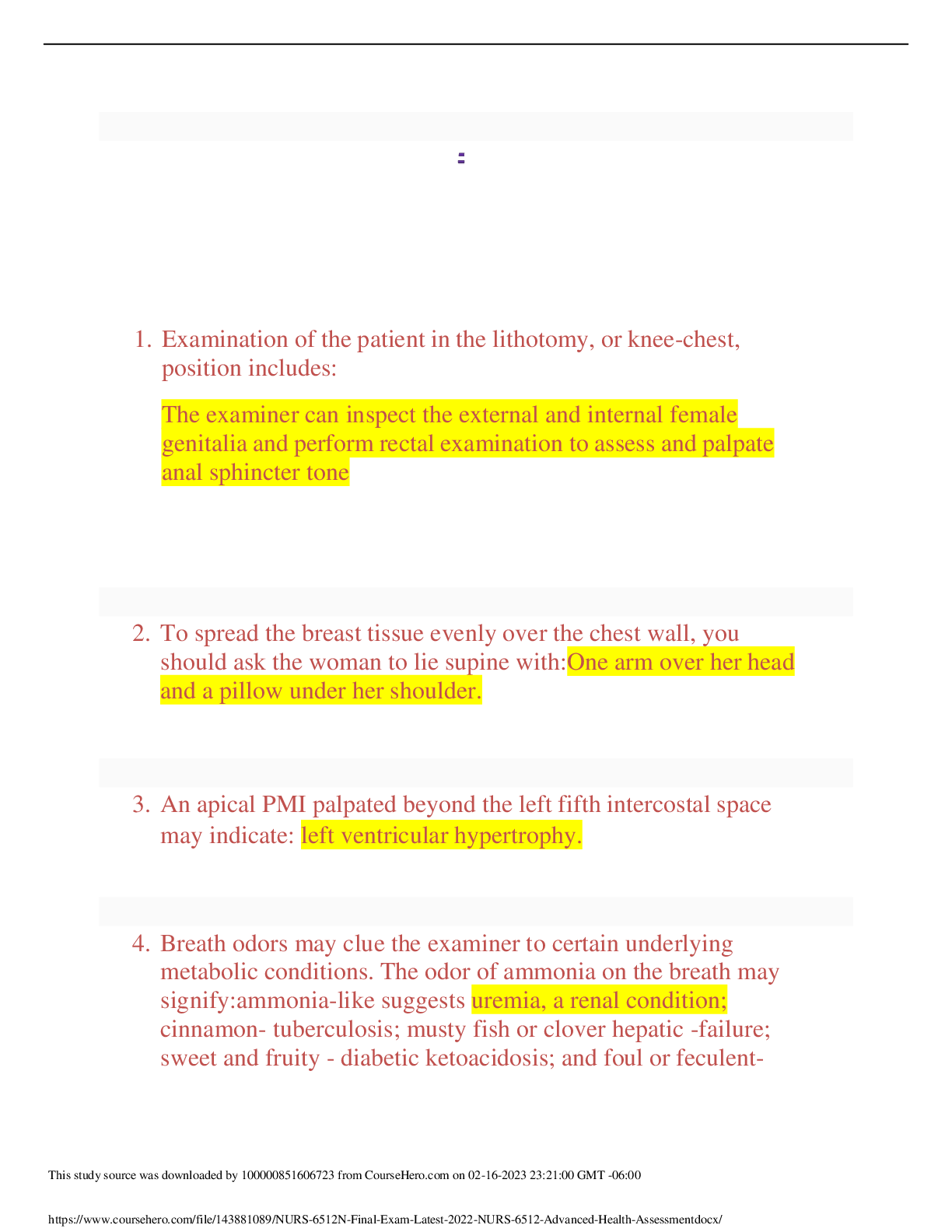 Preview image for NURS 6512 FINAL EXAM, ADVANCED HEALTH  2023 ASSESSMENT: